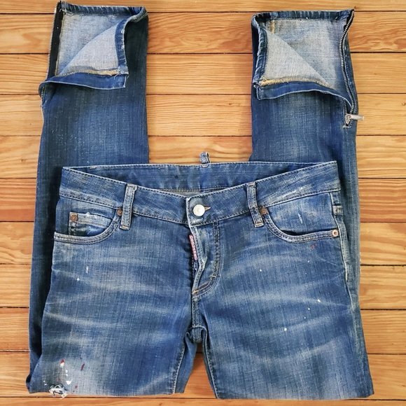 DSquared2 Paint Spattered Distressed Button Fly Zip Ankle Jean Sz 42 / 6